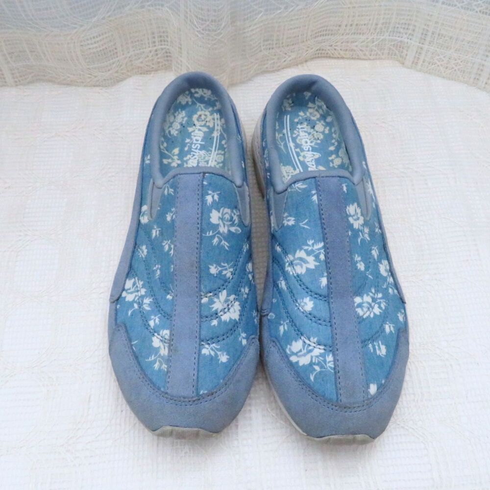 Easy Spirit Travel Time Clogs Slip On Sz 8 Blue and White Floral Casual Boho